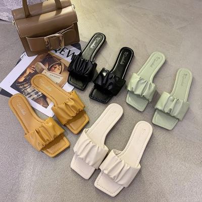 China Cushioning 2023 QZK  Korean version wear fashion pleated cool slippers with square head fairy style one word slippers for sale