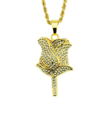 China Trend Lead Free Fashion Full Diamond Rose Flower Pendant Necklaces For Women And Men Hip Hop for sale