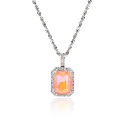 China Hot Sale CLASSIC Fluorescent Solid Color Square Mocha Hip Hop Zircon Necklace Micro Stone Pendant Set Men and Women Zircon Necklace for sale