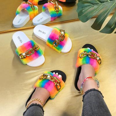 China Latest Fashion Trend Women's Short Heel Slippers Rain Bow Slides Winter Fur Hairy Slipper With Chain Decoration for sale