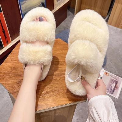 China Fashion Trend Women's Platform Shoes Faux Fur Hairy Slides Thick Plush Women's Unique Slippers Lady Outdoor Sandals for sale