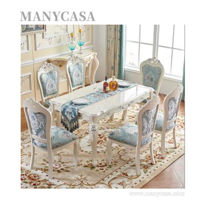 China Luxury Handmade/Easy Clean Solid Wood Dining Room Furniture Marble Top Rectangle Wood Carving Dining Table Set for sale