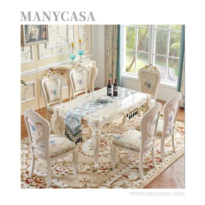 China Antique Dining Room Furniture Solid Wood Wood Carved Rectangular Marble Dining Table And Chairs for sale