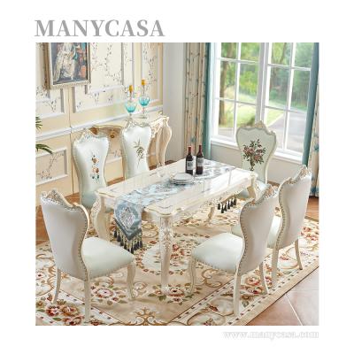 China Solid Wood Rectangle Handmade/Easy Clean Natural Marble Table Carved Luxury 6 Person Dining Table Chairs for sale