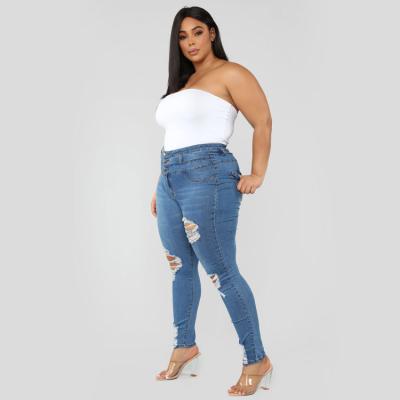 China Hot sale plus size ladies denim pants high waist ripped plus size jeans plus size jeans pants for women for sale