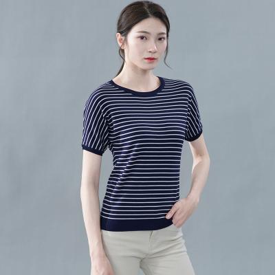 China Anti-Wrinkle Knit Sweater Women's Summer 2021 Casual Loose Round Striped Neck Sleeve Bat Short Sleeve Bottoming Loose Shirt Top for sale