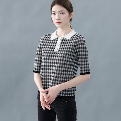 China Breathable Lapel Five Point Sleeve Buttons Square Plaid Loose Casual Large Size Women's Medium Sleeve 2021 Knit Clothes Top Summer for sale