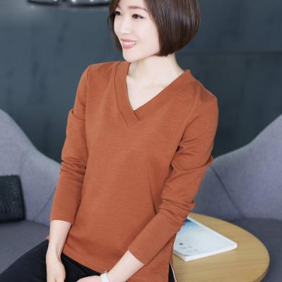 China Anti-Wrinkle Modern Design Fashion Casual T-Shirts Long With Print Long Sleeve T-shirt Cotton V-Neck Women T-shirt for sale