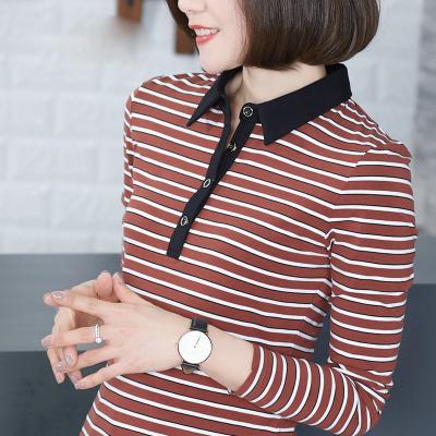 China New Design Lady Red Stripe Low Collar Blouse QUICK DRY Wholesale Stripe Cotton Long Sleeve T-Shirt For Women for sale