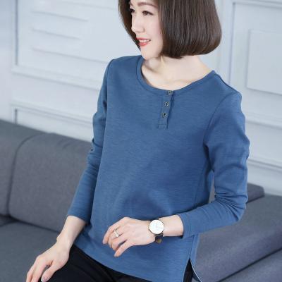 China Anti-wrinkle Korean Women's Solid Color Round Neck Button Bamboo Cotton Bottoming Shirt Autumn Big Long Sleeve Women's Split Top T-Shirt for sale