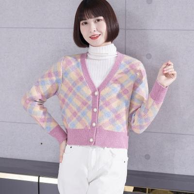 China Color breathable plaid V-neck loose long-sleeved knit 2021 autumn plus size women's cardigan casual jacket Korean version for sale