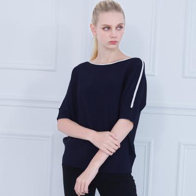 China 2021 Three Quarter Spring Batwing Sleeve Sknitted Dark Blue Boat Neck Sweater T-shirt Anti-wrinkle Loose Sweater Women Women for sale