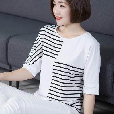 China custom Anti-wrinkle Logo Fashion Summer Black and White Stripe Short Sleeve Round Neck Wholesale 100 Cotton T-shirt Custom Women for sale