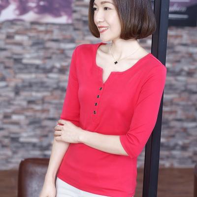 China 2021 new Anti-wrinkle style 100% cotton 3/4 sleeve color T-shirt summer fashion V-neck ladies bright T-shirt for sale