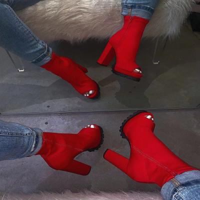 China New Winter Boots Fish Mouth Open Toe Ankle Elastic Red Breathable Thick High Heeled Ladies High Boots for sale