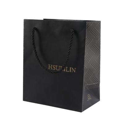 China Custom Recyclable Bespoke Gift Eco-Friendly Black Paper Bag With Logo Printed Rope Handle Paper Bags for sale