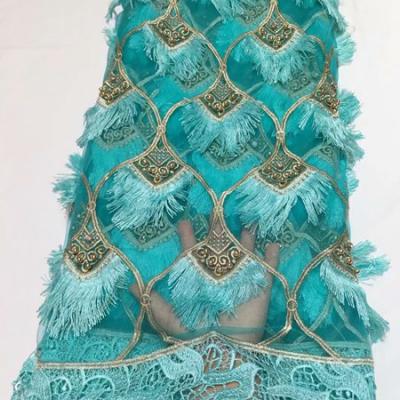 China Viable AL2264 Teal French Nigerian Net Lace Fabrics For Wedding Dress Embroidery 3D Mesh Lace for sale