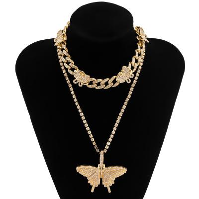 China Vintage Hiphop Full CUBAN CHAIN ​​Fashion Diamond Butterfly Necklace Fashion Diamond Chain Choker Necklace for sale