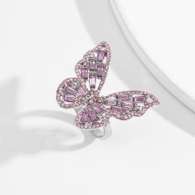 China Fashion TRENDY diamond inlaid three-dimensional butterfly ring temperament color diamond gem ring for sale