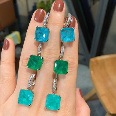 China Vintage 12*12 Paraiba Tourmaline Emerald Gemstone Drop Clip Earrings For Women Fine Cocktail Jewelry for sale