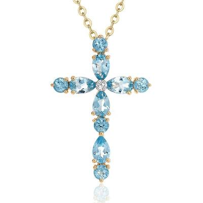 China Vintage Fashion Cross Pendant Necklace For Women Gold Color Blue Cubic Zircon Crystal Stone Necklaces And Pendants Wedding Jewelry for sale