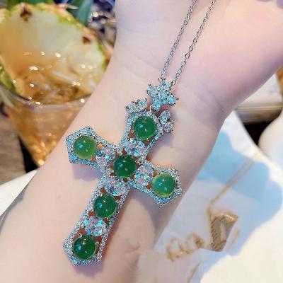 China Vintage European and American style full design diamond inlaid green agate chalcedony cross necklace pendant wholesale for sale