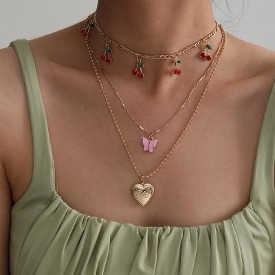 China Women's Sweet Fashion Punk Cherry Cherry Butterfly Heart Multilayer Necklace for Women Choker Necklace Jewelry Trendy Gifts for sale