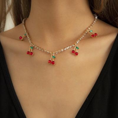 China Romantic Red Shiny Tennis Charm Fashion Necklace Jewelry Party Chain Friendship Cherry Crystal Pendant Necklace For Women Gift for sale