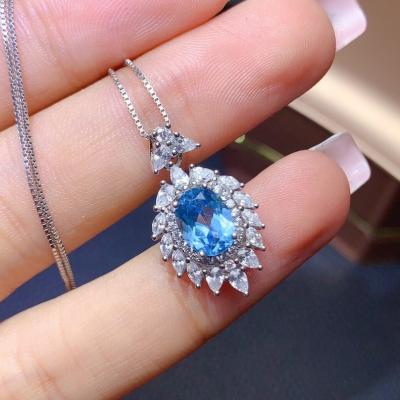 China Vintage Luxury Blue Oval Zircon Necklace Pendant For Women Silver Chain Necklaces Wedding Jewelry for sale