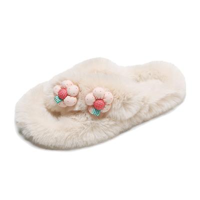 China 2022 Fashion Trend Ins Winter Rabbit Thermal Rabbit Flip Flops Flower House Girl Sheepskin Lamb Fur Indoor Real Slippers For Women for sale