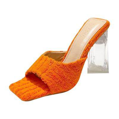 China 2022 New Fashion Trend Slippers Furry PU Chunky Transparent High Heel Square Toe Fur Sandals For Women for sale