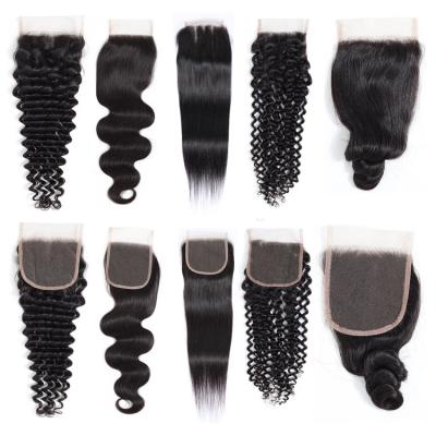 China Brazilian Curly Wave Closure Water Loop Middle Part With Baby Hair 4*4 Hair Weave Bundles With Closure for sale