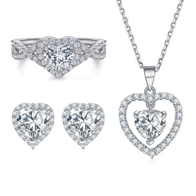 China Romantic Heart-shaped zircon 925 silver ring sterling silver love necklace earrings female high-quality jewelry set three-piece set for sale