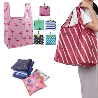 China Customized Reuse Reusable Foldable Nylon Large Supermarket Grocery Polyester Shopping Travel Bag Eco-Friendly Foldable Nylon With Pocket for sale