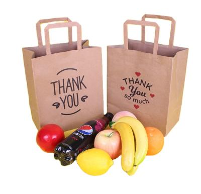 China Recycled Materials Customized Restaurant Food Delivery Take Out Tote Bag Design Your Own Logo Flat Handle Takeaway Take Out Brown Kraft Paper Bag for sale