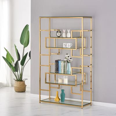 China Hot Selling Luxury Unfoldable Metal Book Shelves Modern Design Gold Stainless Steel Frame Home Decor Living Room Furniture for sale