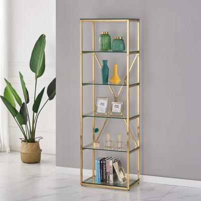 China Hot Sale Modern Home View Unfoldable Book Shelves Office Gold Stainless Steel And Clear Glass Bookcase Living Room Furniture for sale