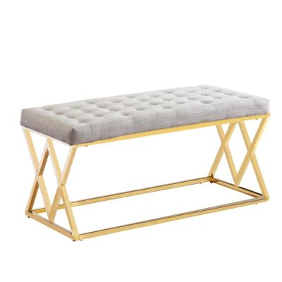 China Some Assembly Needed Modern Gray Fabric Dining Bench Stool With Gold Stainless Steel Legs for sale