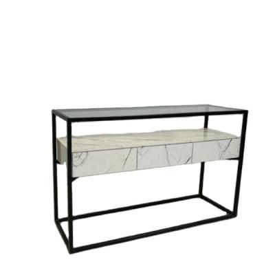 China Hot Seller Unfoldable MDF In Effect Marble Paper Console Table With Powder Coated Steel In Black Frame for sale