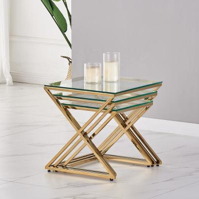 China Unfoldable Nesting Glass Side Tables Small Stacking End Side Table Set Of 3 Square Gold End Tables With Glass Tops for sale