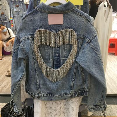 China 2021 Europe And America Style Beads Tassels Holes Diamonds Women Pearl Denim Jacket for sale