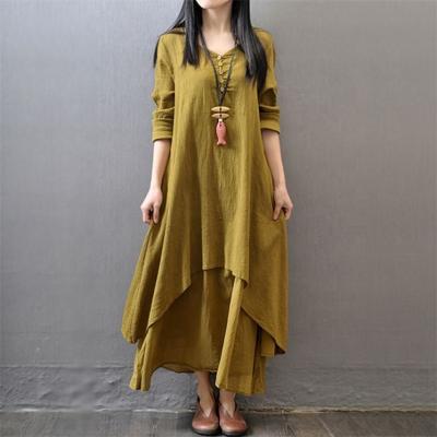 China L-1097 2021 New Breathable Long Sweater Backless Dress Big Literary Yoga Canvas Dress Loose Cotton Long Sleeve Women for sale