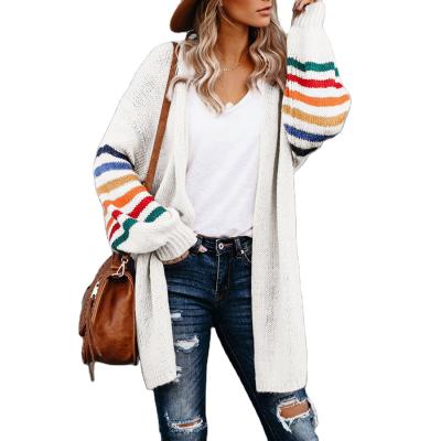 China New Striped Mid Length QUICK DRY Loose Knit Cardigan Sweater Jacket Women Plus Size for sale