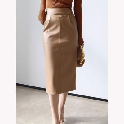 China Hot Selling Brown PU Leather Plus Size High Waist And Slim Temperament Hip Skirt for sale