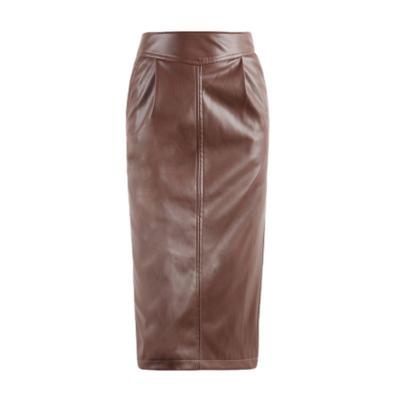 China 2022 New Product High Waist PU Brown Leather High Waist Tight Bust Skirt Plus Size for sale