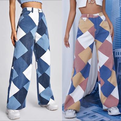 China Slim Fit Anti-wrinkle Pattern High-waisted Diamond Pattern Printed Color-block Jeans Women for sale