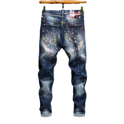 China New Men's Leisure Breathable Hot Biker Jeans Wild Sale Embroidery Printing Badge Pants Spray Paint Hole Slim Fit Trousers for sale