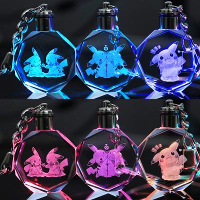 China Europe 2022 New Design Glass Pokemon Go Character Crystal Keychain 3d Laser LED Flashing Light Custom Key Chain for sale