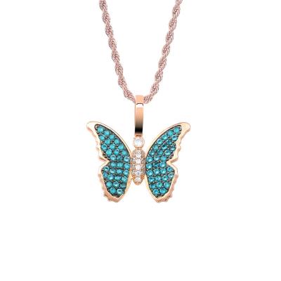 China Real Hiphop Full Rhinestone Butterfly Hip Hop Gold Plating Pendant Necklace for sale