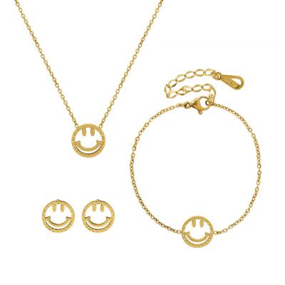 China Wholesale FASHIONABLE European 18K Gold Stainless Steel Smile Face Necklace Bangle Earrings Pendant Jewelry Set for sale